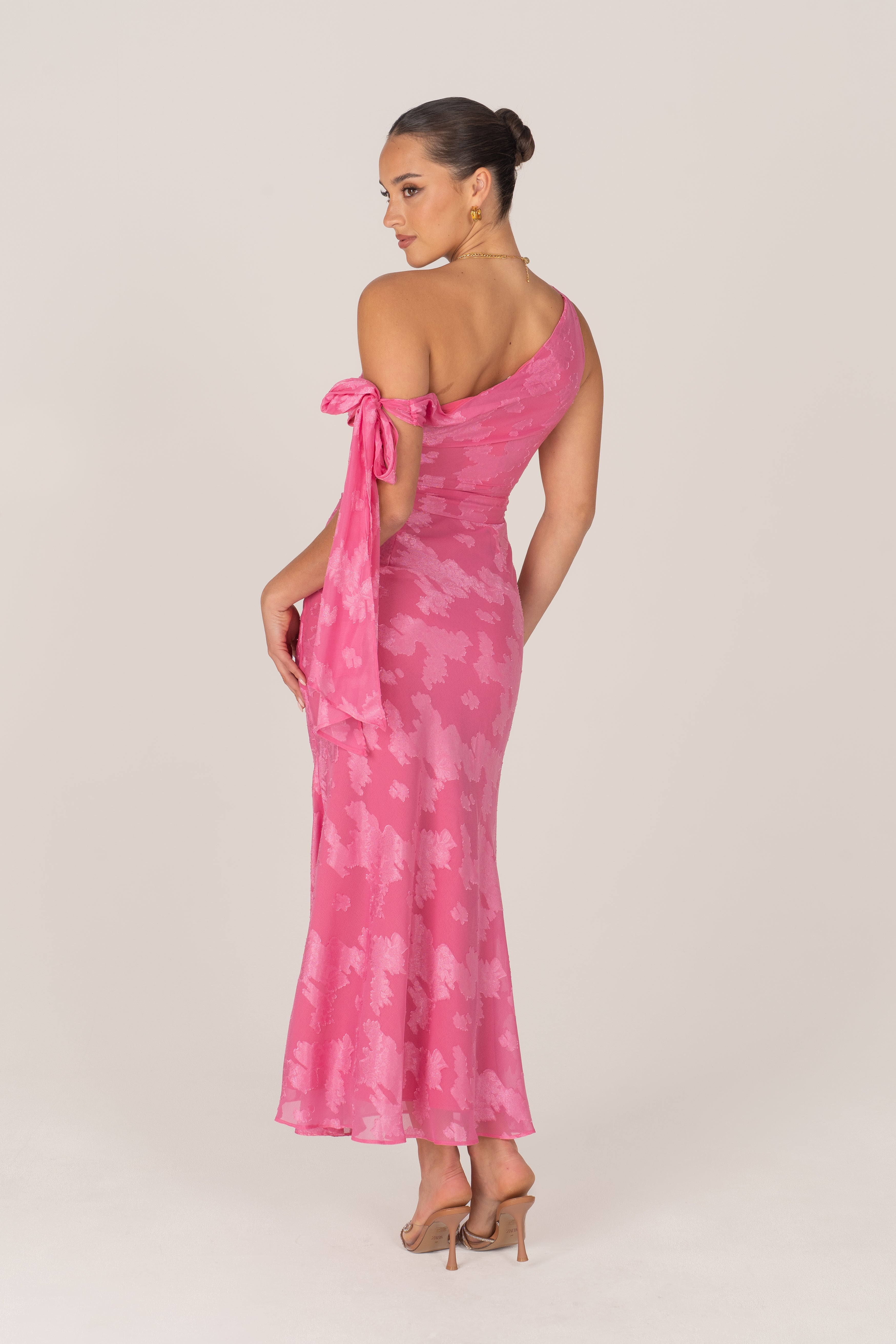 Olympia Asymmetrical Pink Drop-Shoulder Midi with Tie