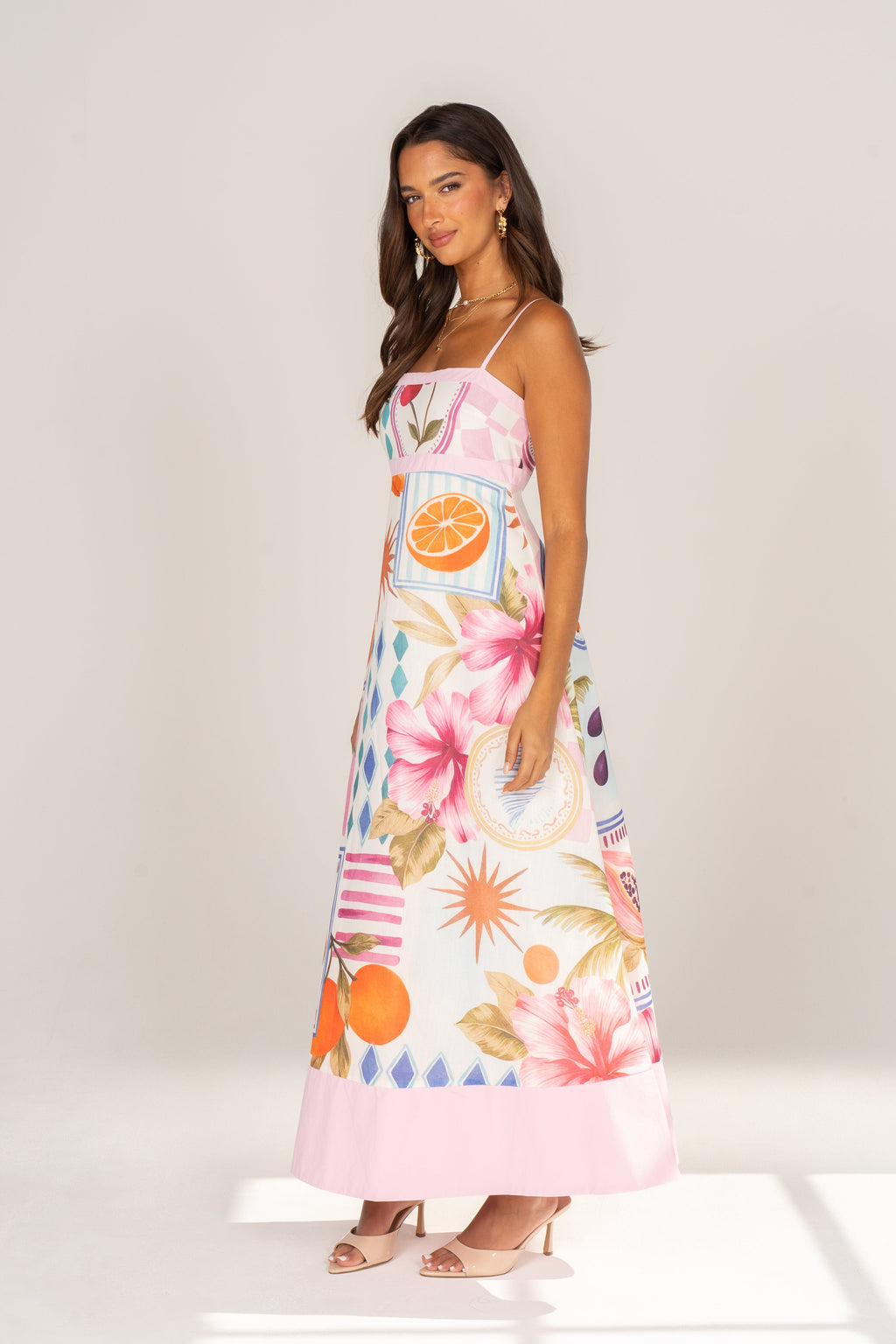 Paislee Tropical Print Maxi Dress with Pink Accents