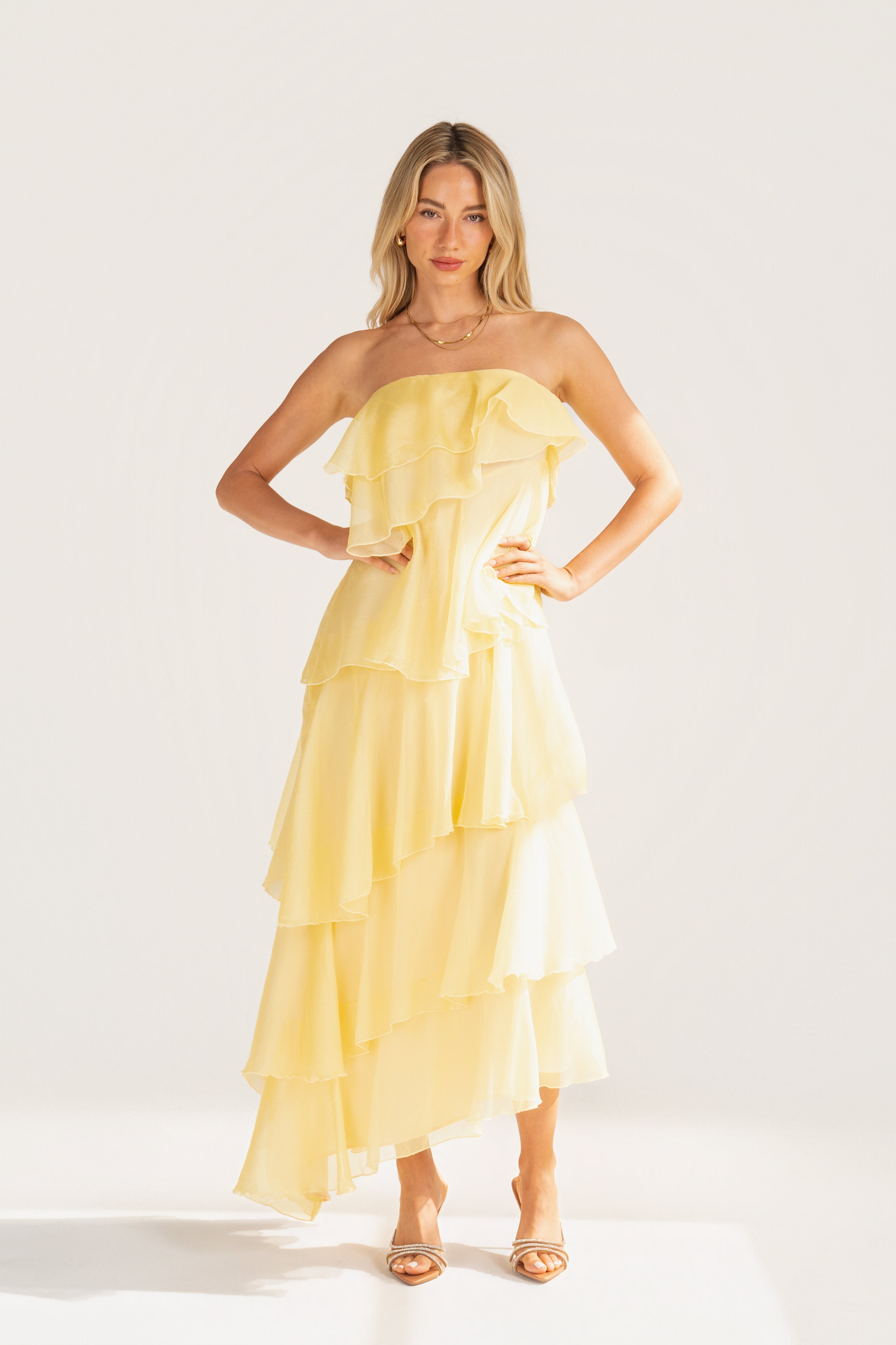 Piper Strapless Yellow Cascading Tier Maxi Dress