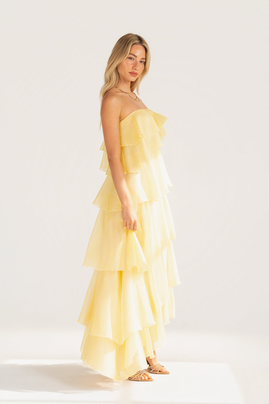 Piper Strapless Yellow Cascading Tier Maxi Dress