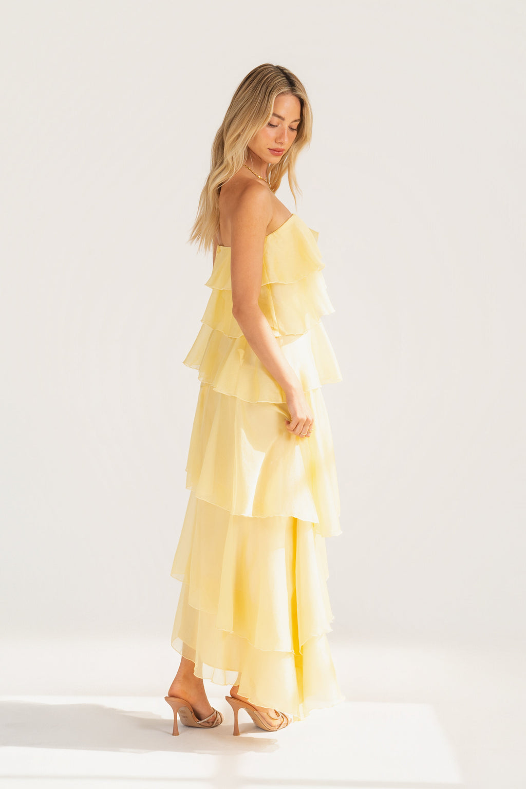 Piper Strapless Yellow Cascading Tier Maxi Dress