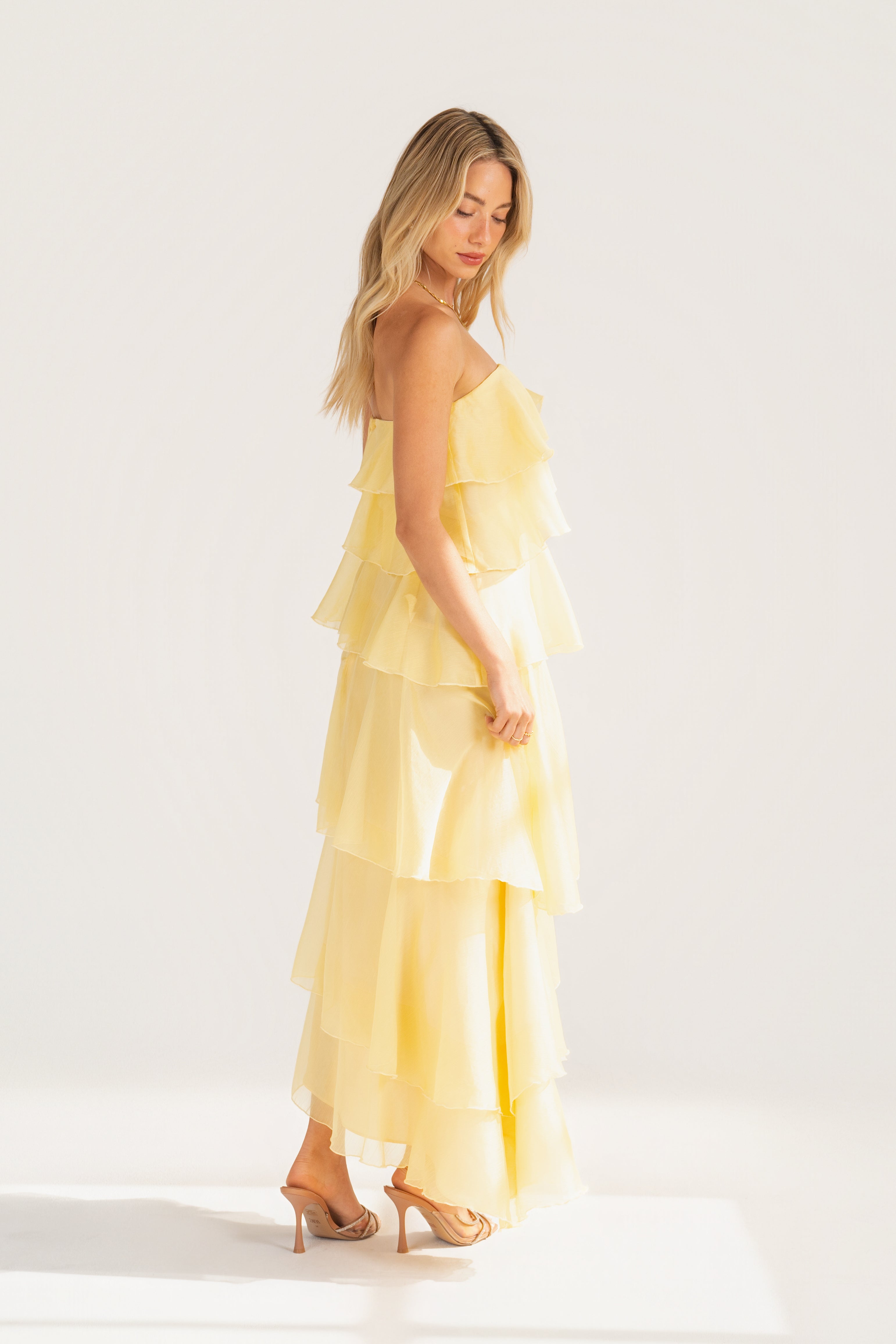 Piper Strapless Yellow Cascading Tier Maxi Dress