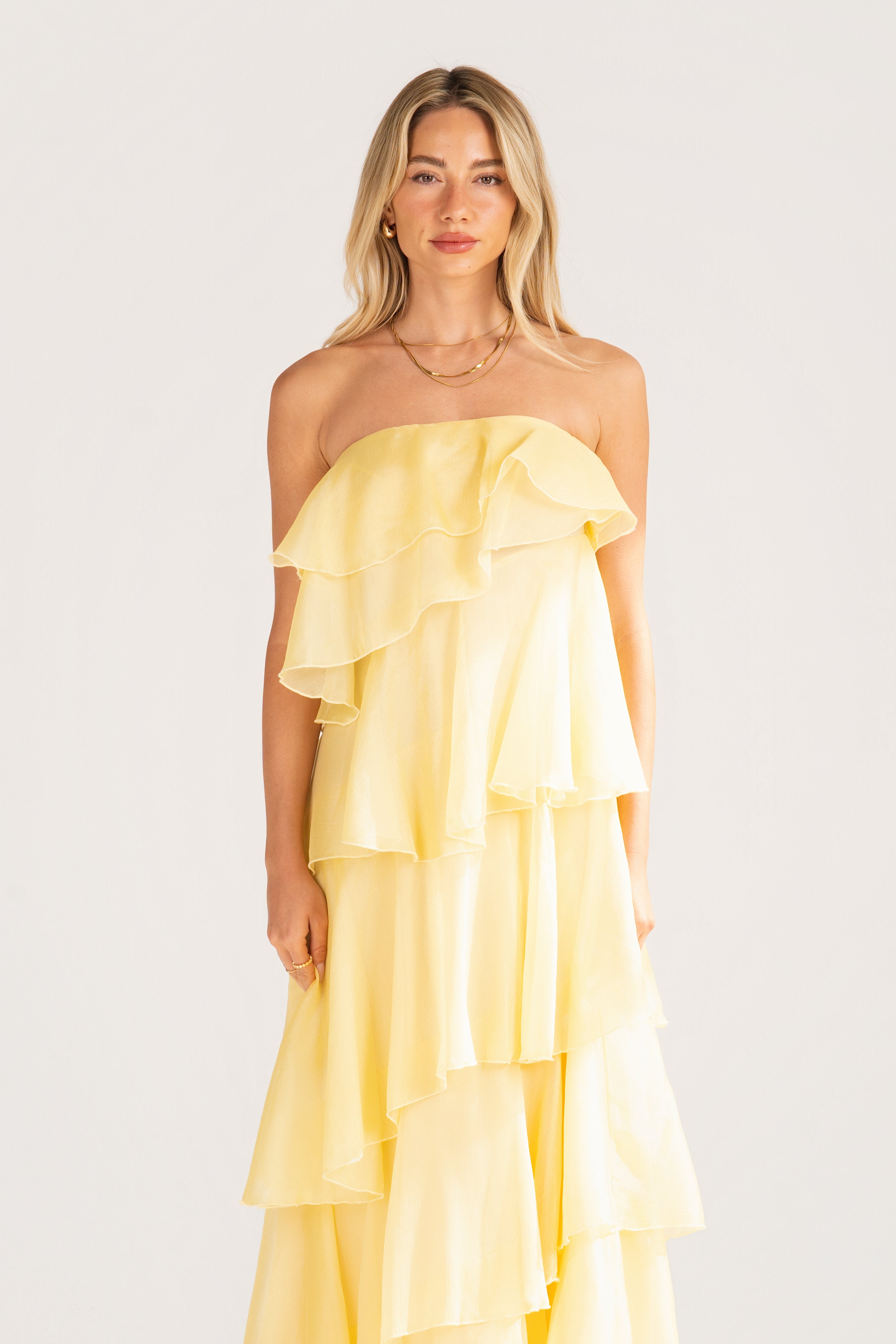 Piper Strapless Yellow Cascading Tier Maxi Dress