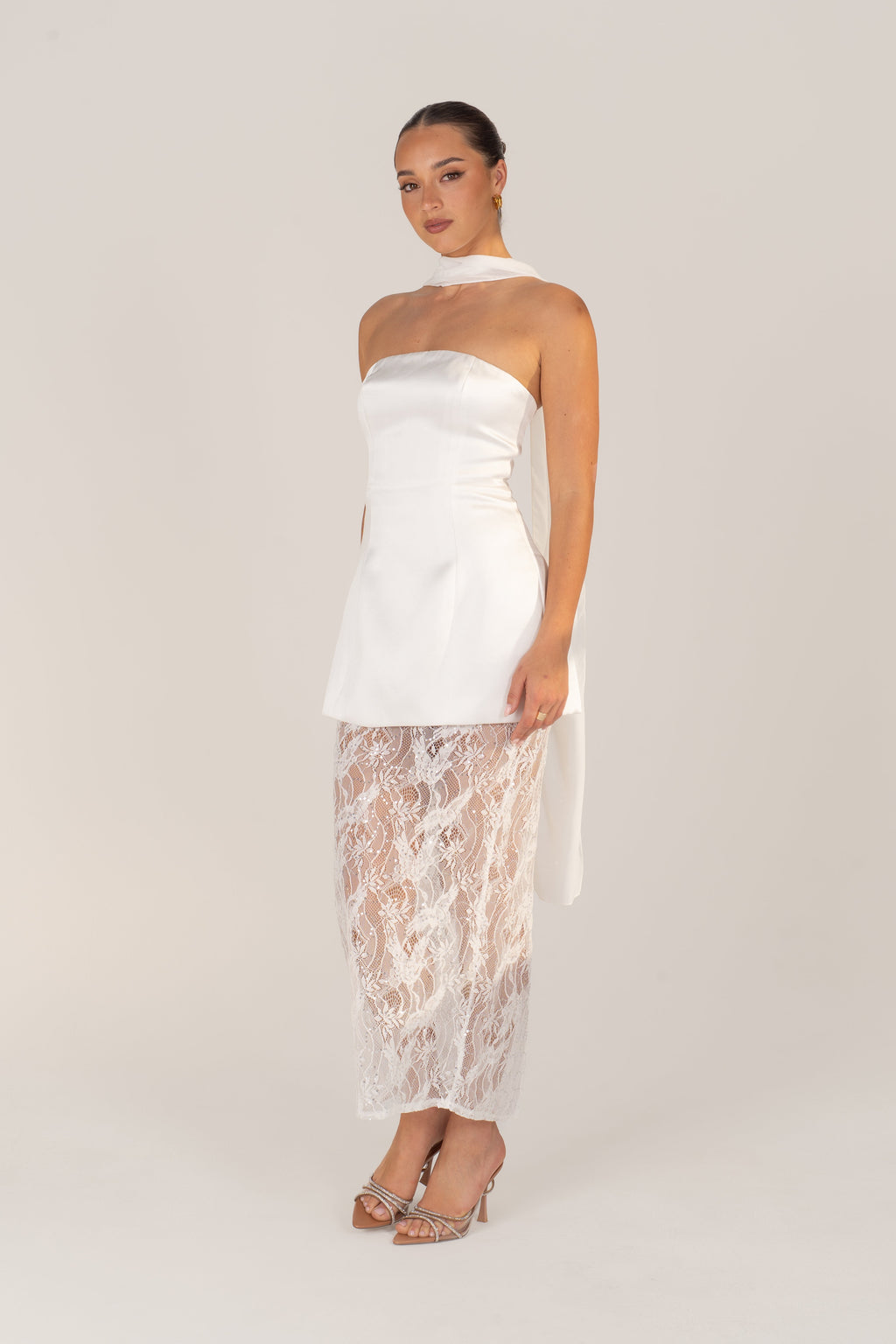 Quinn White Gown with Lace Hem & Detachable Scarf