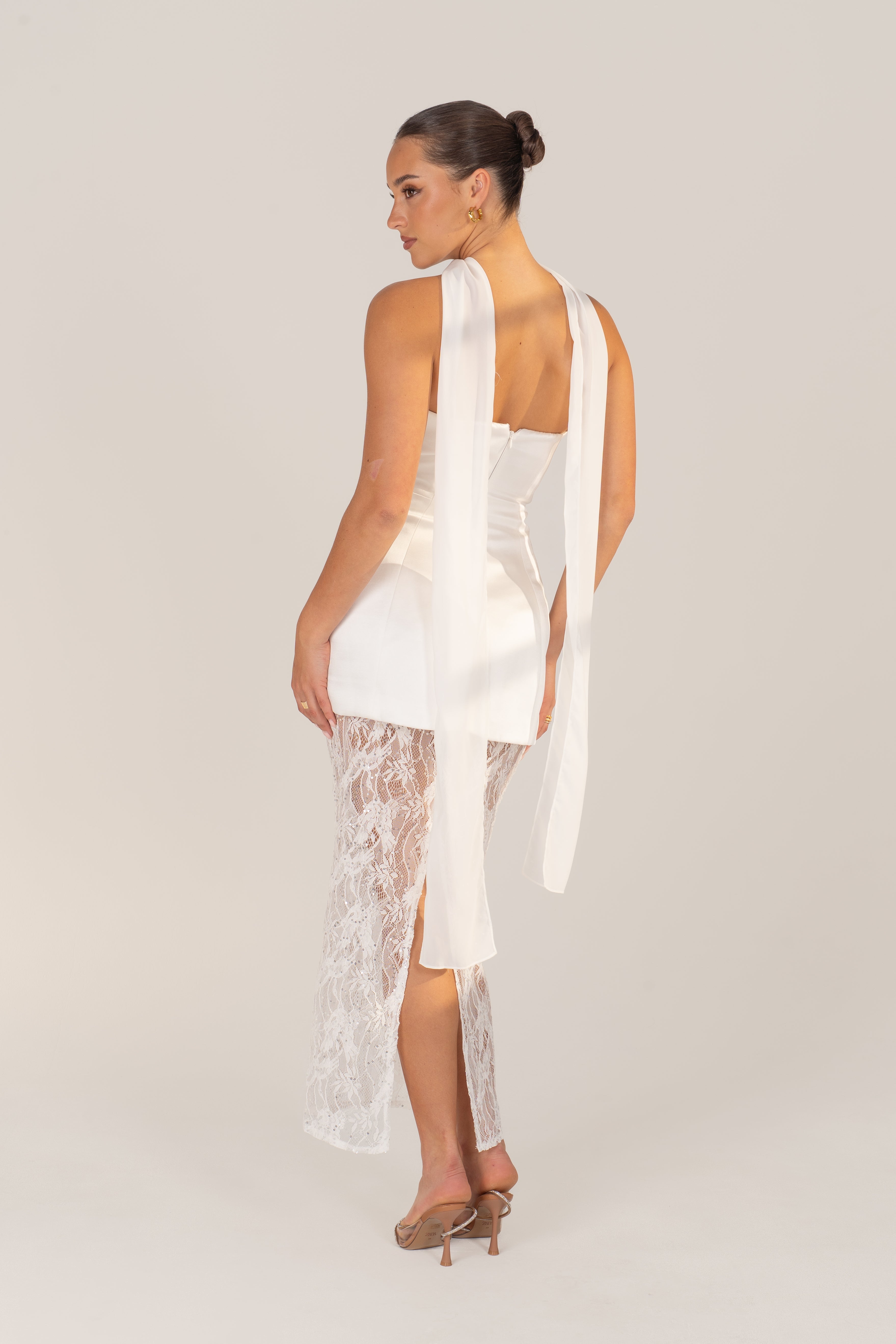 Quinn White Gown with Lace Hem & Detachable Scarf
