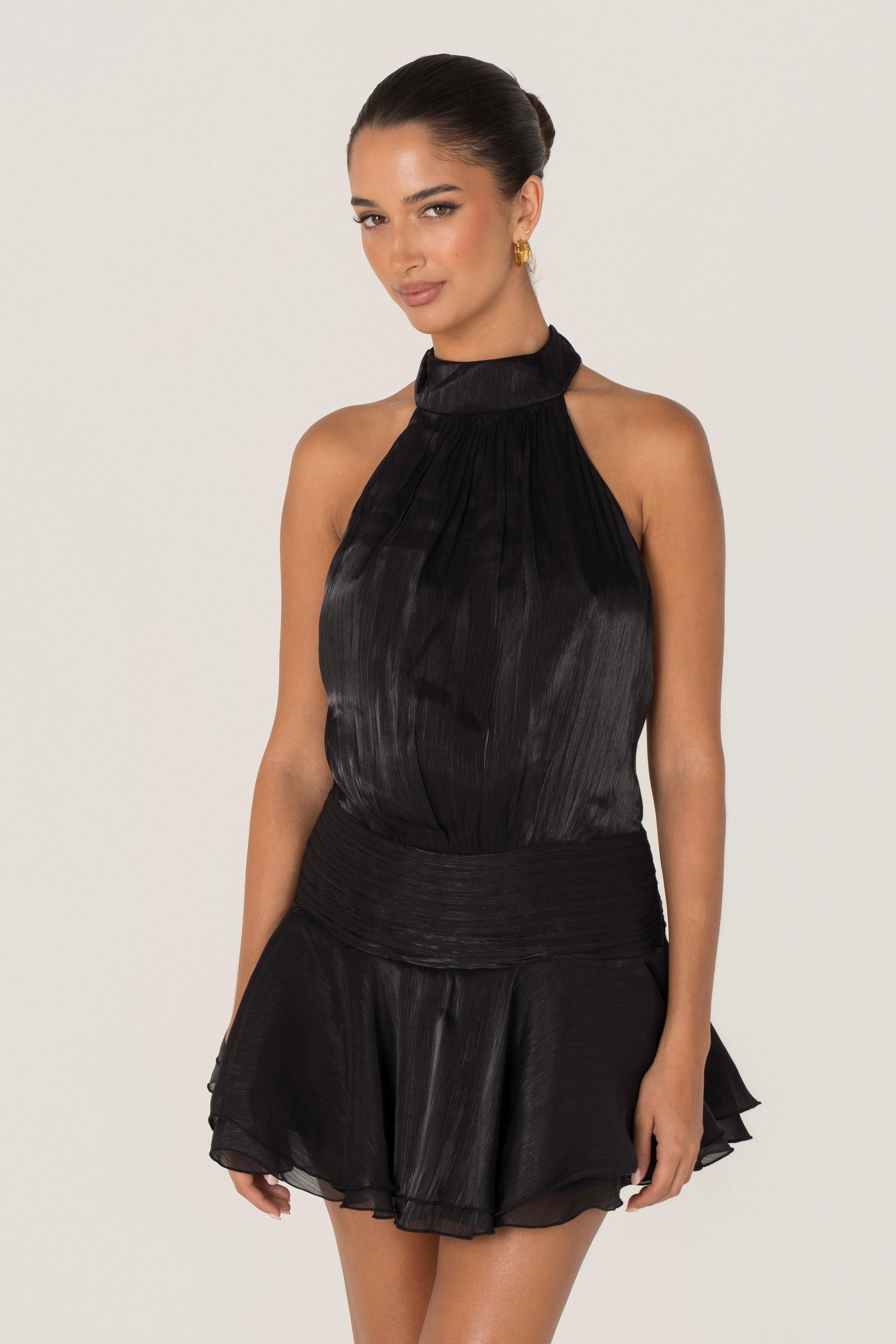 Reese Open Back Black Halter Mini Dress