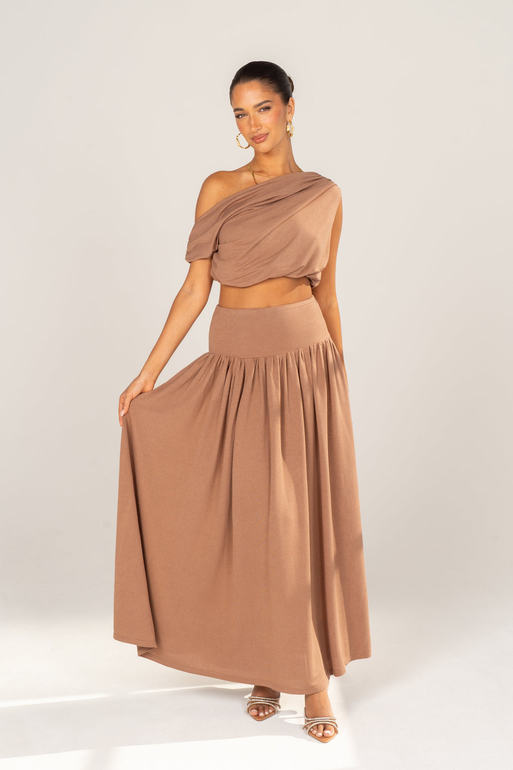 Remi Mocha Draped Crop & Maxi Skirt Set