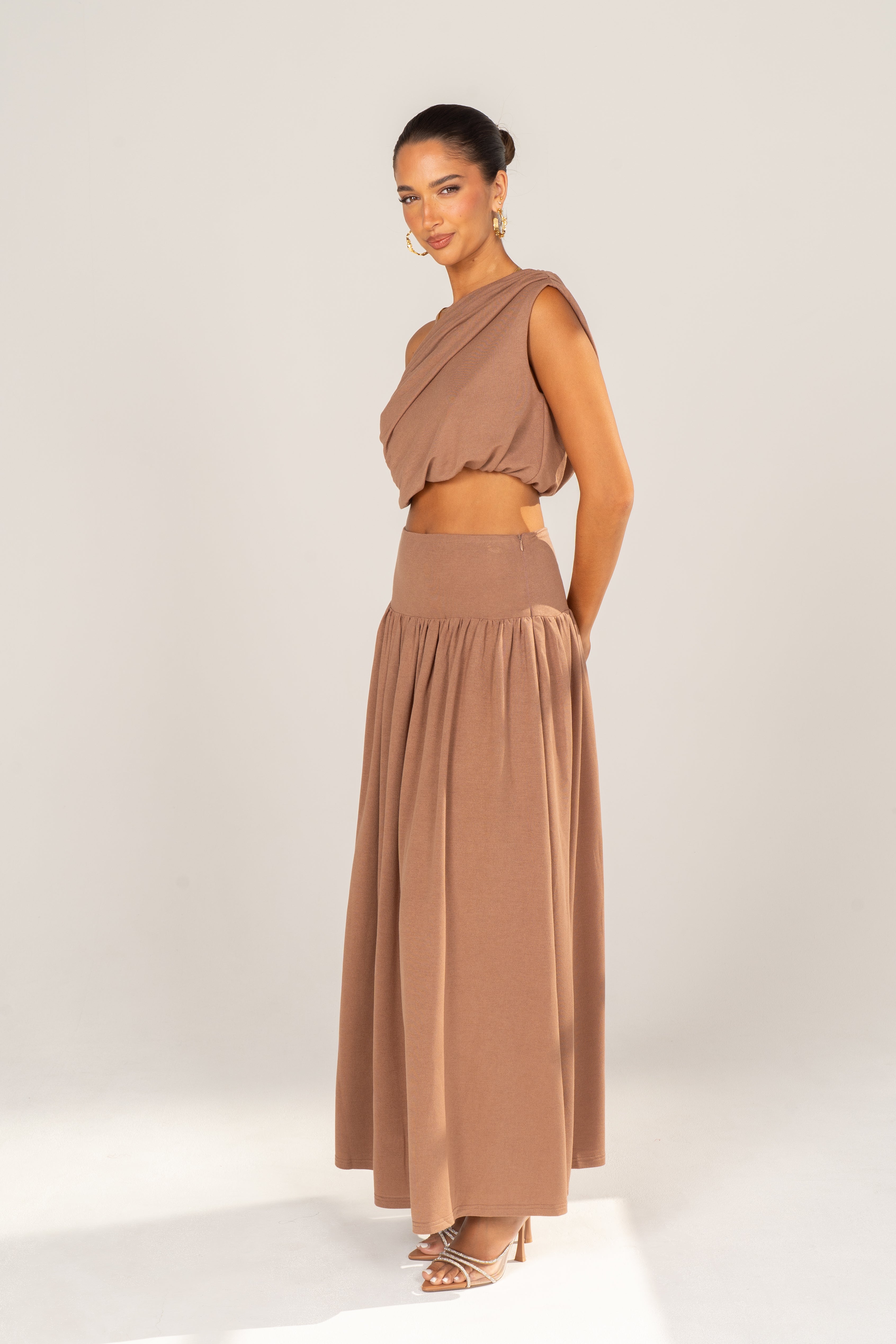 Remi Mocha Draped Crop & Maxi Skirt Set