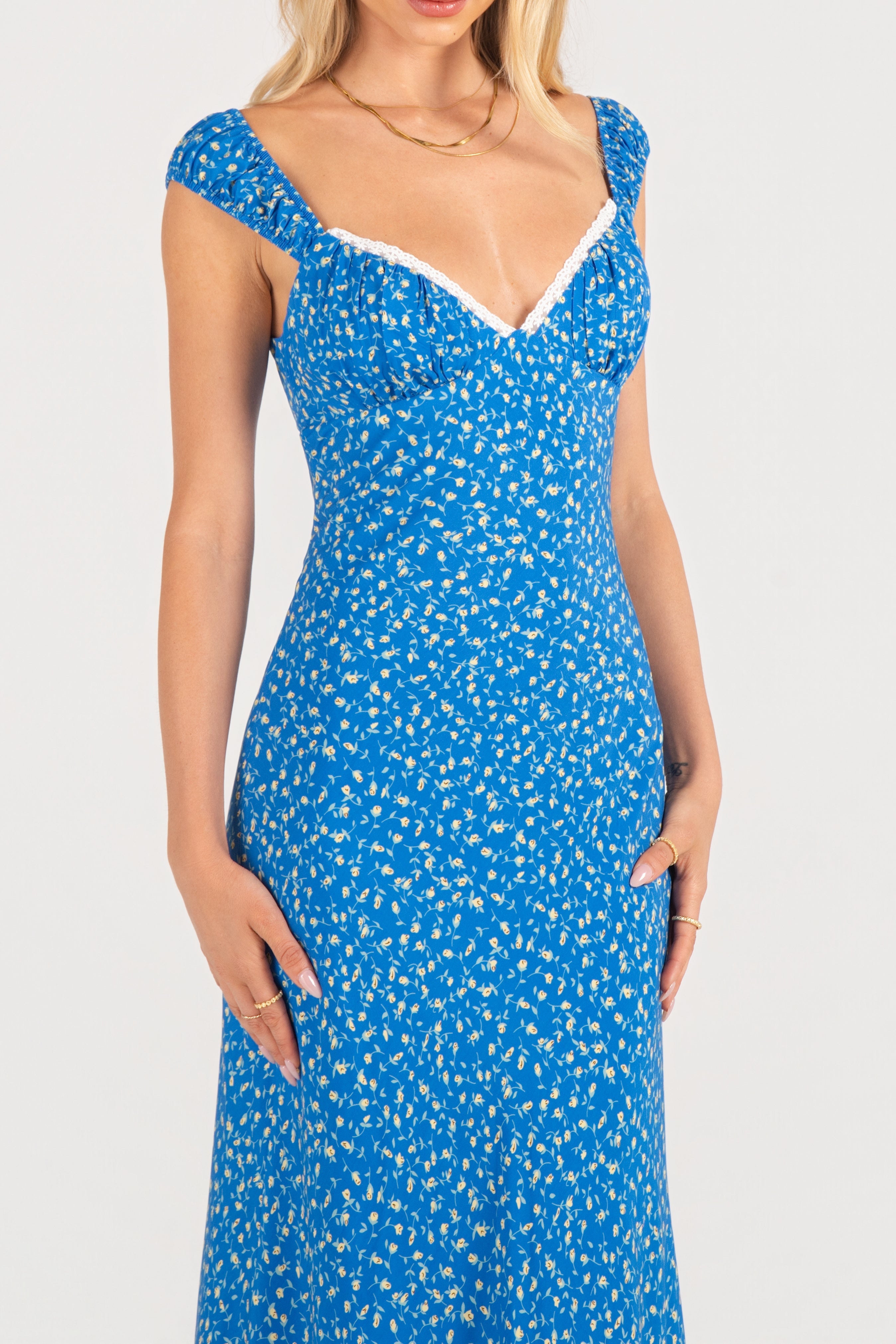 Rosabella Blue Floral Maxi Dress with Lace Trims