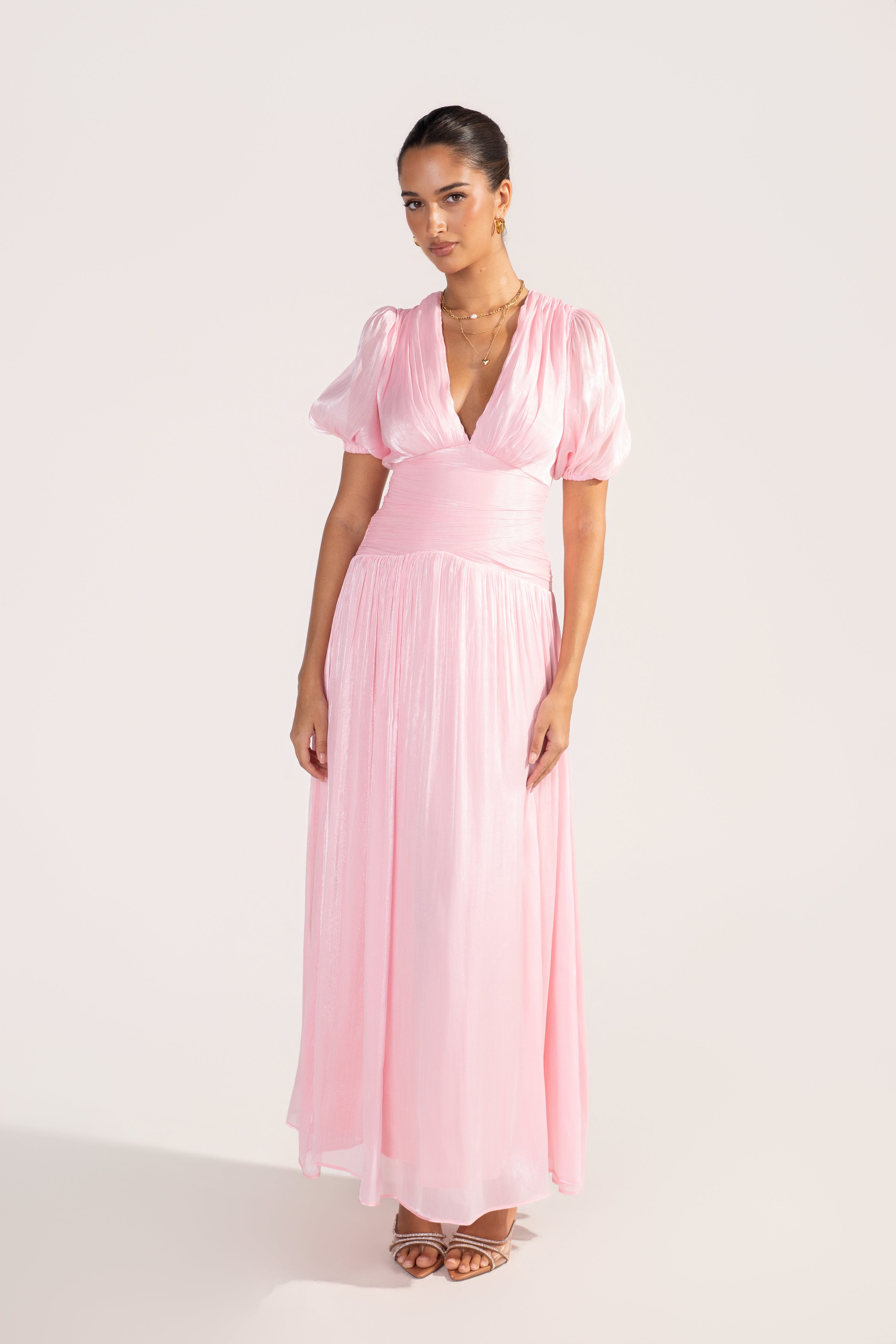 Selisse Pink Shimmer Puff Sleeve Maxi Dress