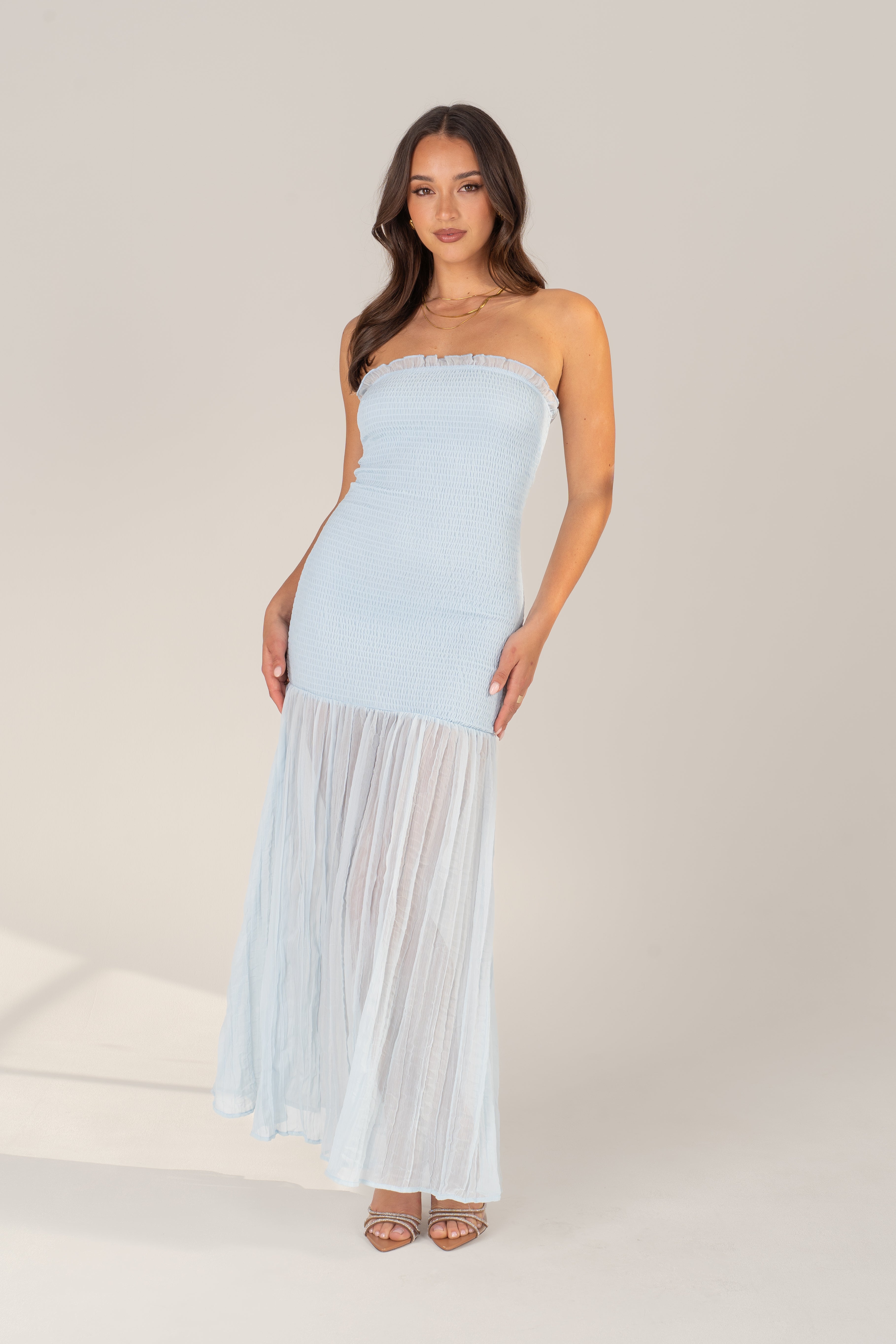 Solenne Soft Blue Strapless Maxi with Sheer Hem