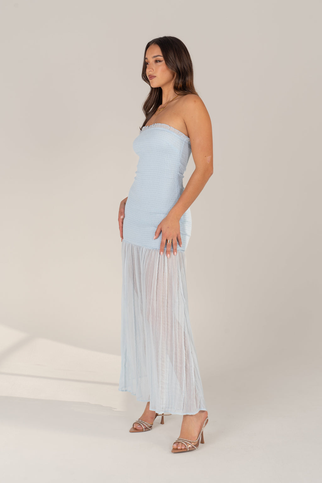Solenne Soft Blue Strapless Maxi with Sheer Hem