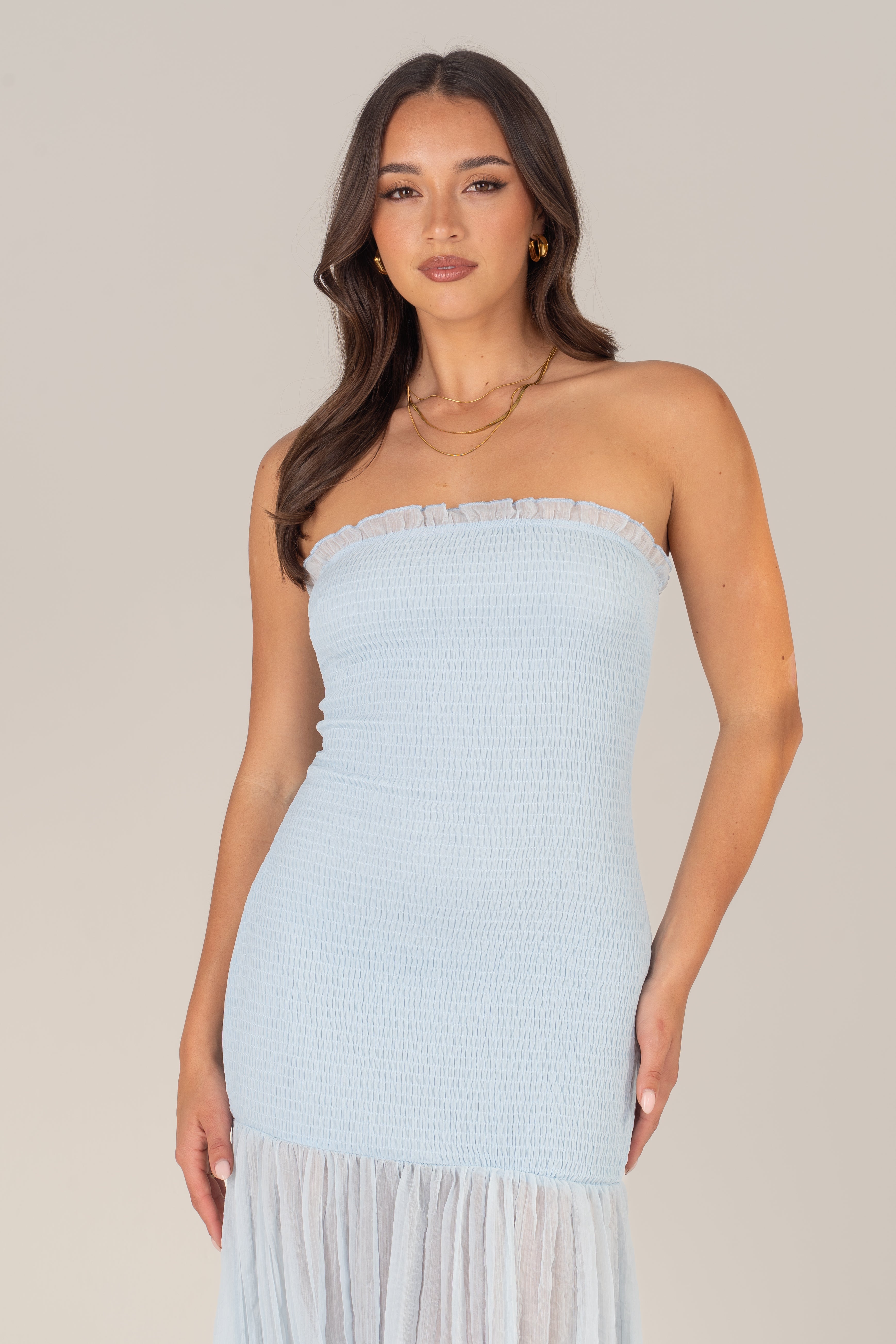 Solenne Soft Blue Strapless Maxi with Sheer Hem
