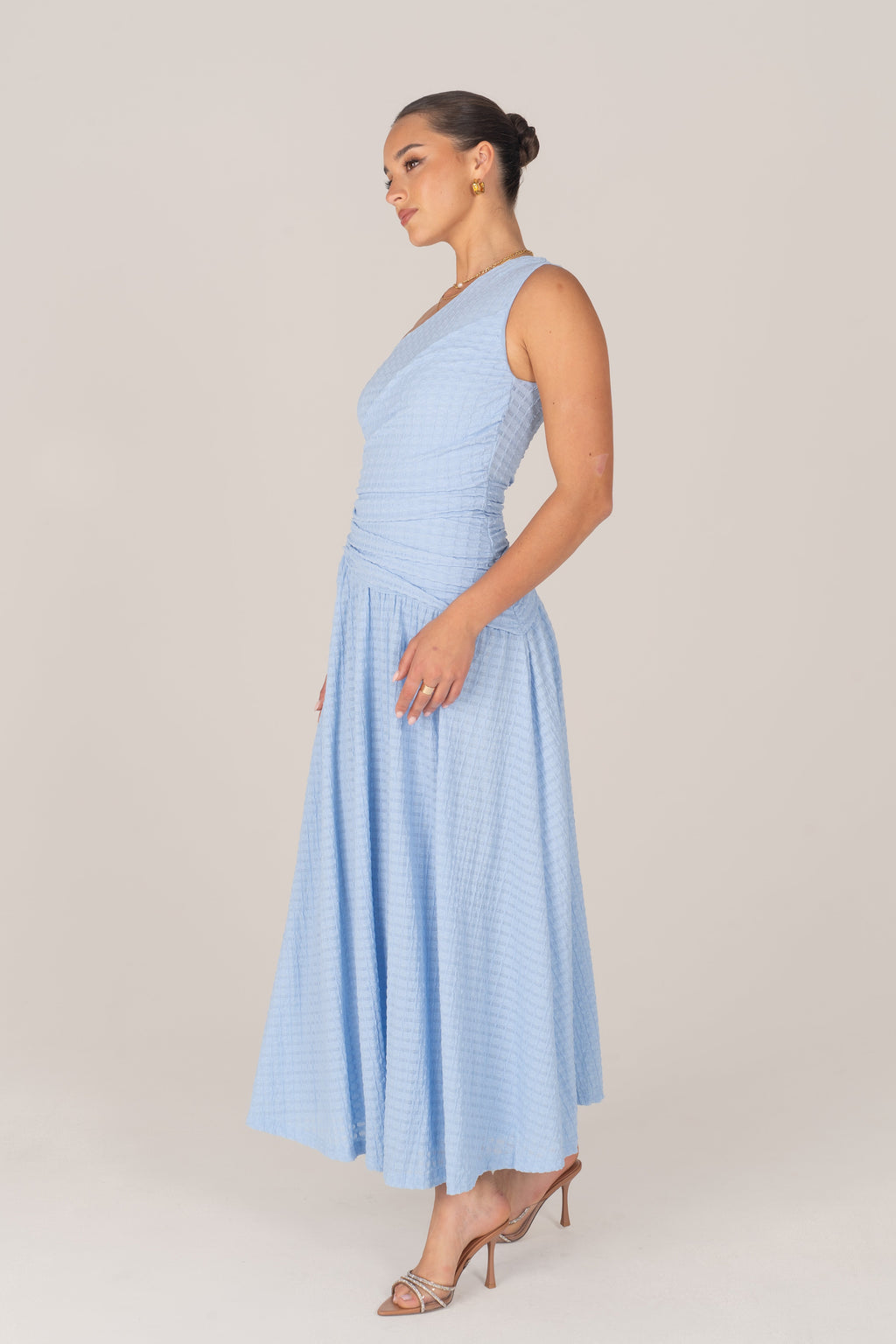Tahlia One-Shoulder Blue Gathered Midi Dress