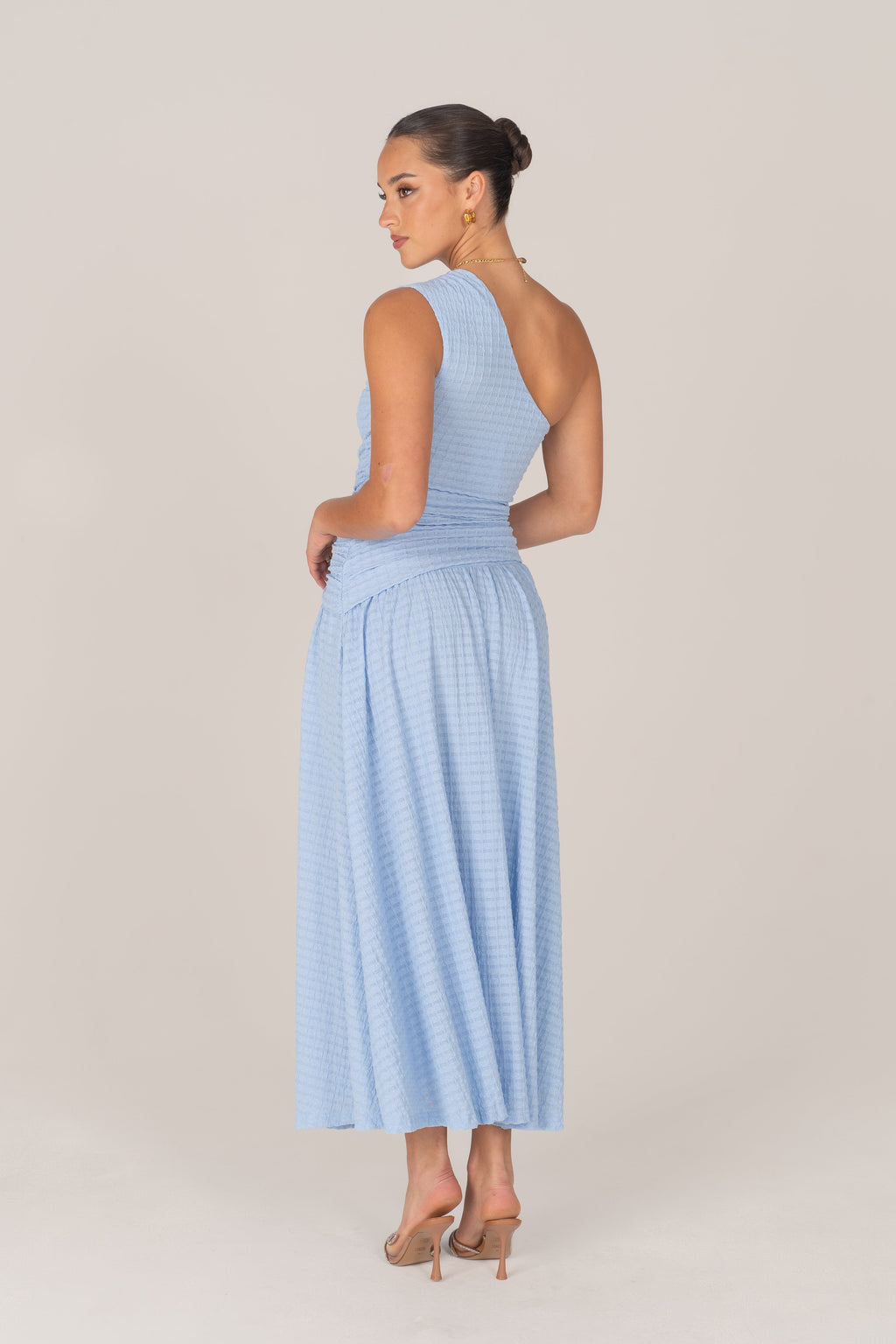 Tahlia One-Shoulder Blue Gathered Midi Dress
