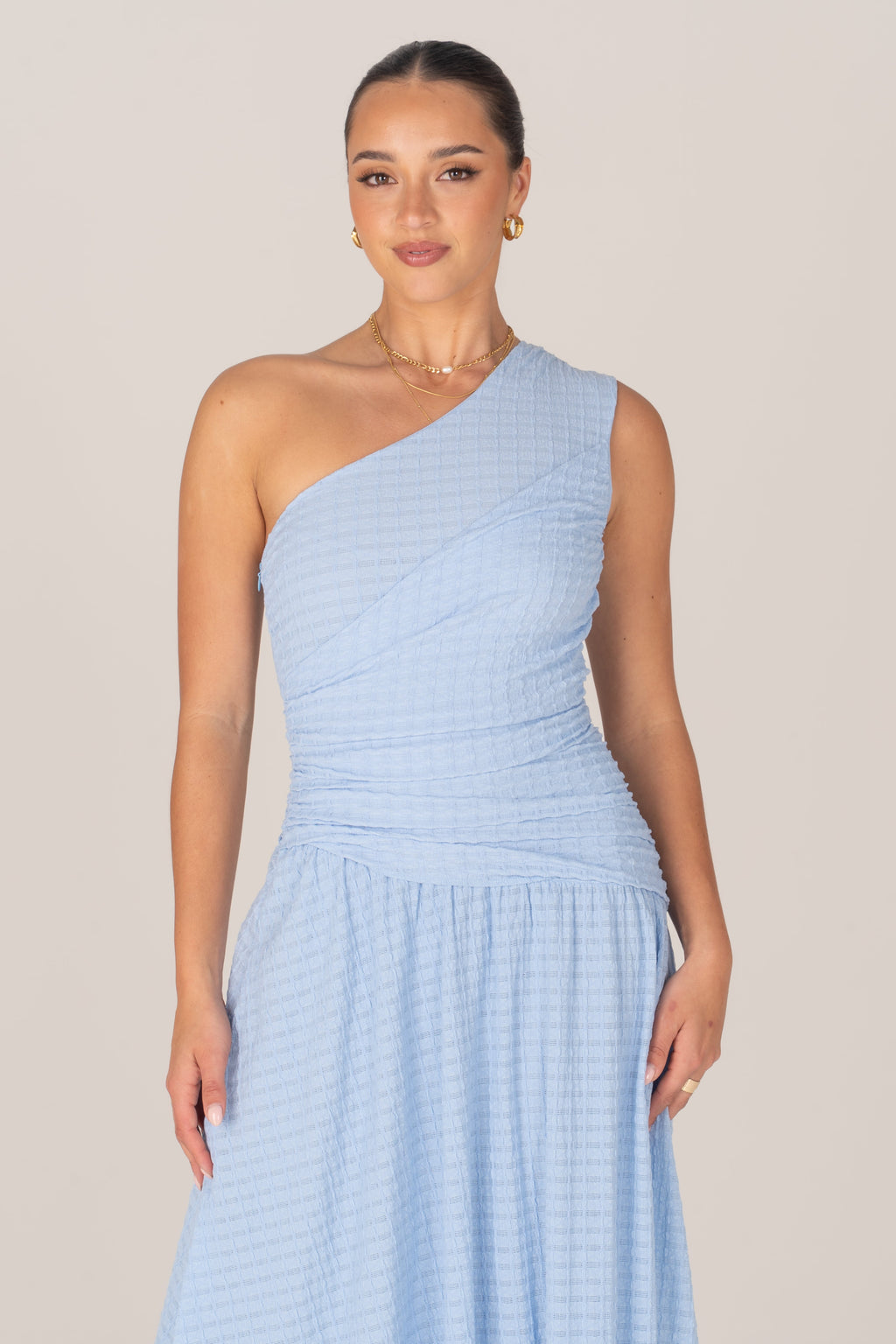 Tahlia One-Shoulder Blue Gathered Midi Dress