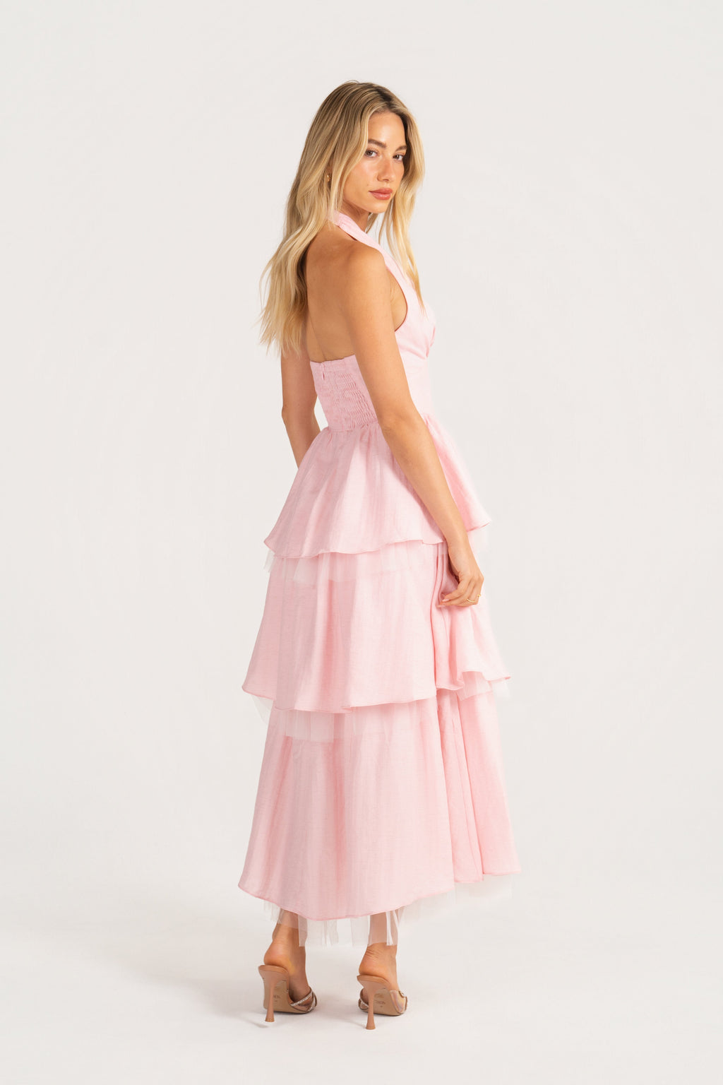 Taisia Pink Halter Neck Dress with Ruffle Tiers