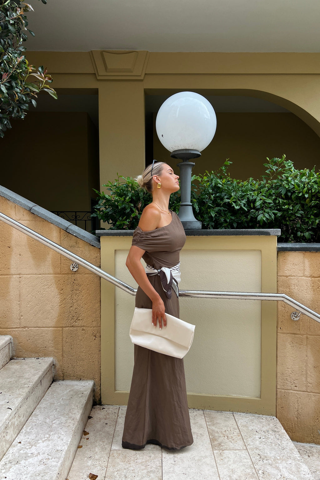 Tonya Chocolate Drop Shoulder Maxi with Waist Scarf