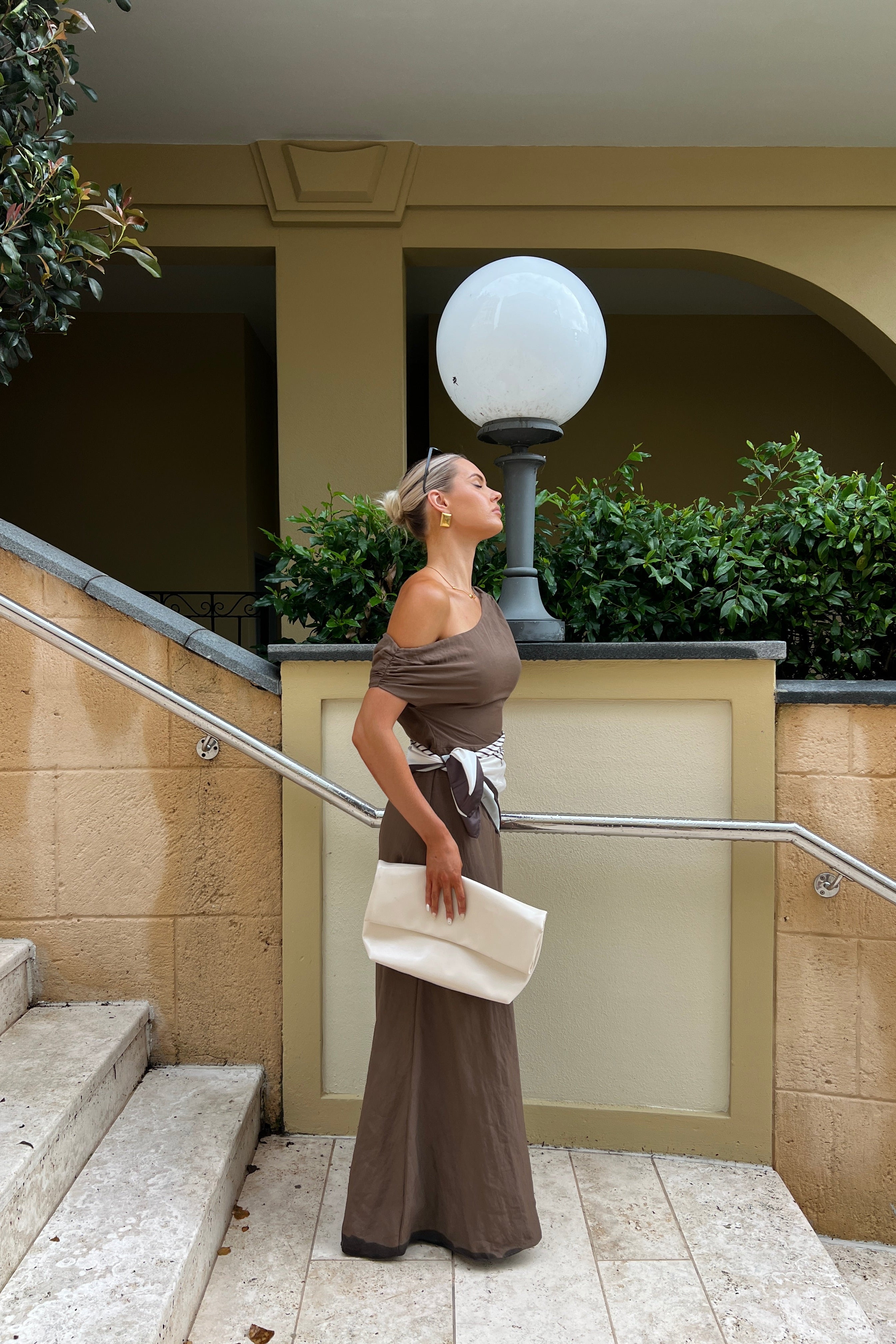 Tonya Chocolate Drop Shoulder Maxi with Waist Scarf