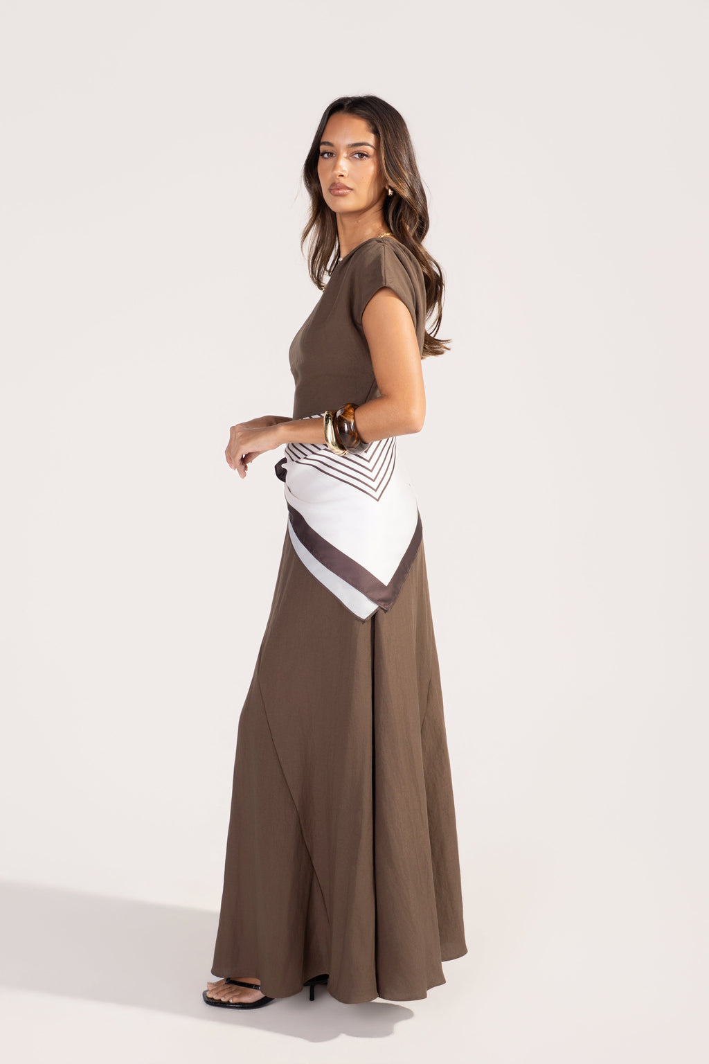 Tonya Chocolate Drop Shoulder Maxi with Waist Scarf