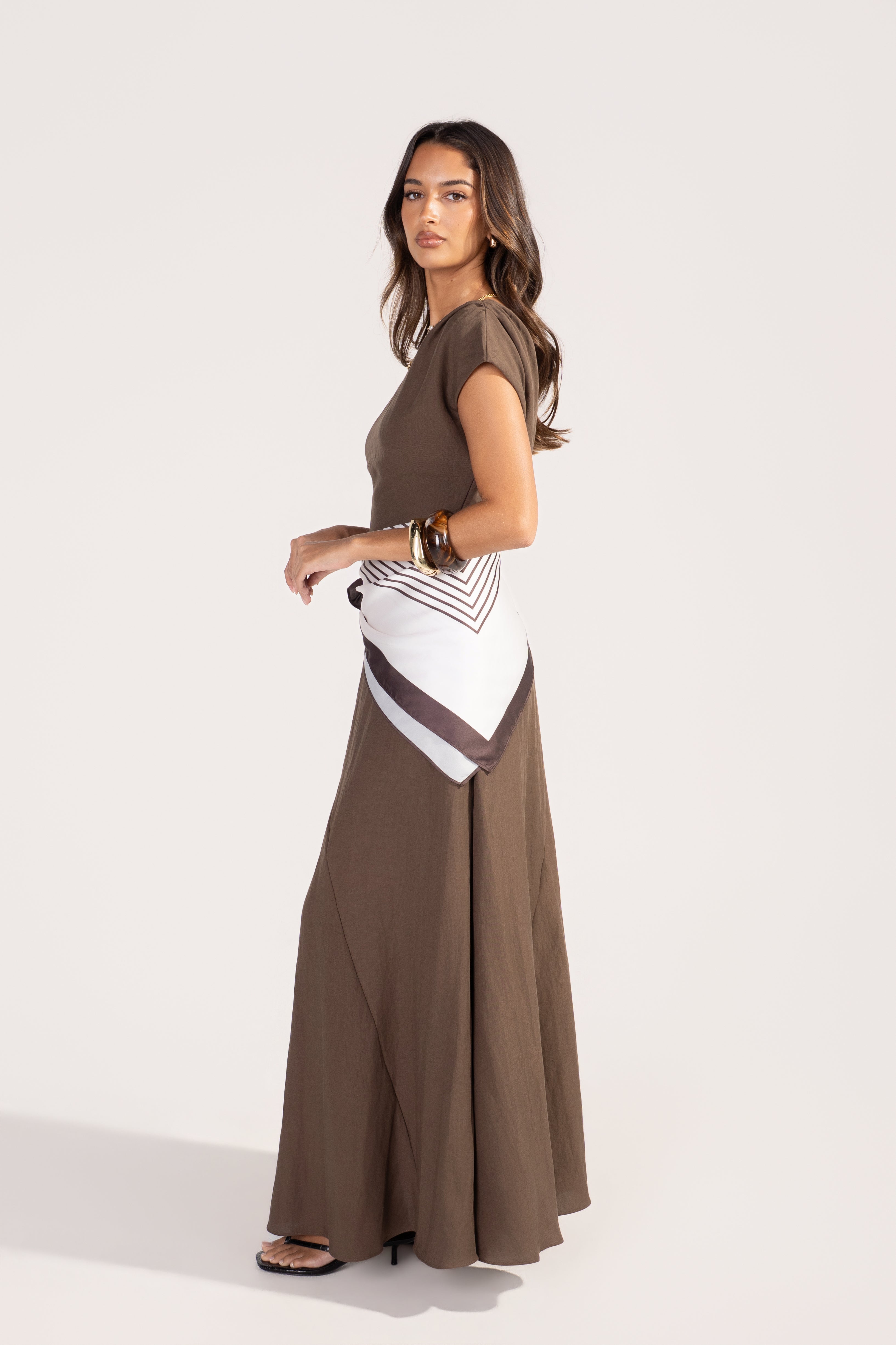 Tonya Chocolate Drop Shoulder Maxi with Waist Scarf