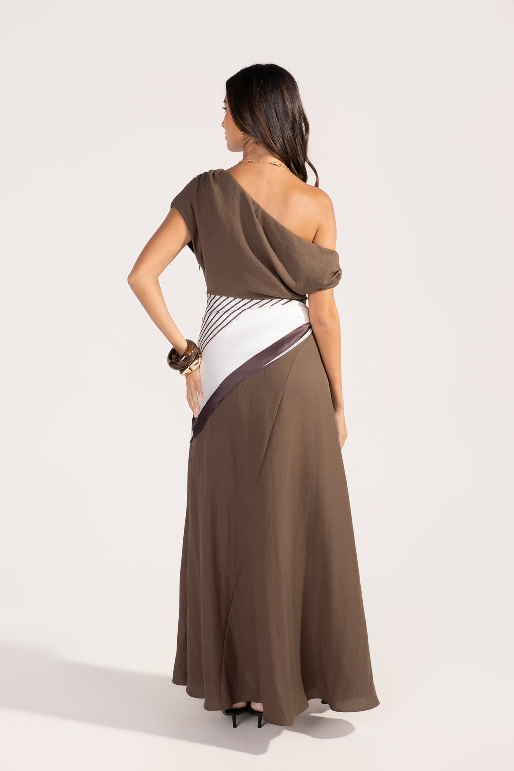 Tonya Chocolate Drop Shoulder Maxi with Waist Scarf