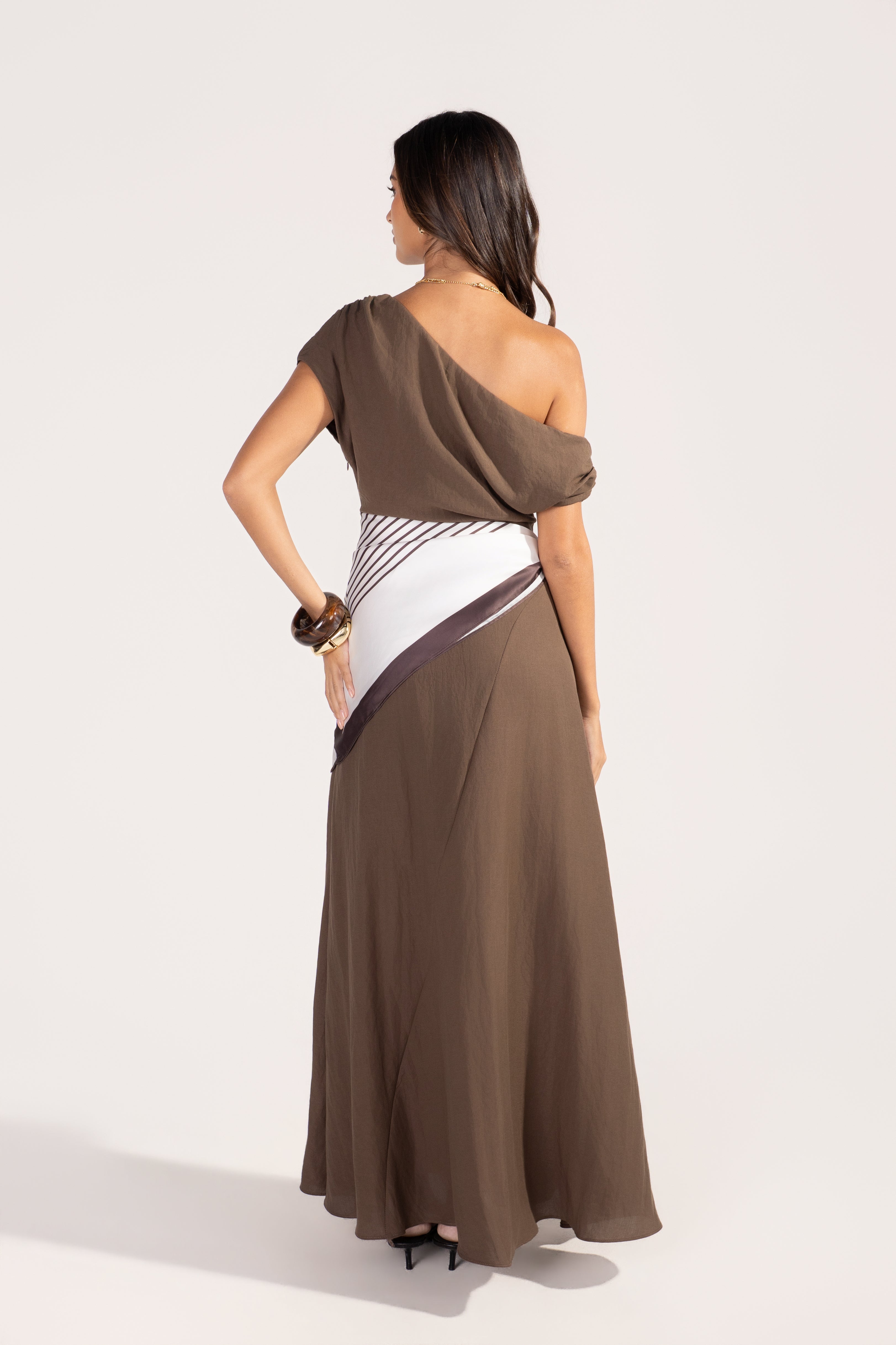 Tonya Chocolate Drop Shoulder Maxi with Waist Scarf