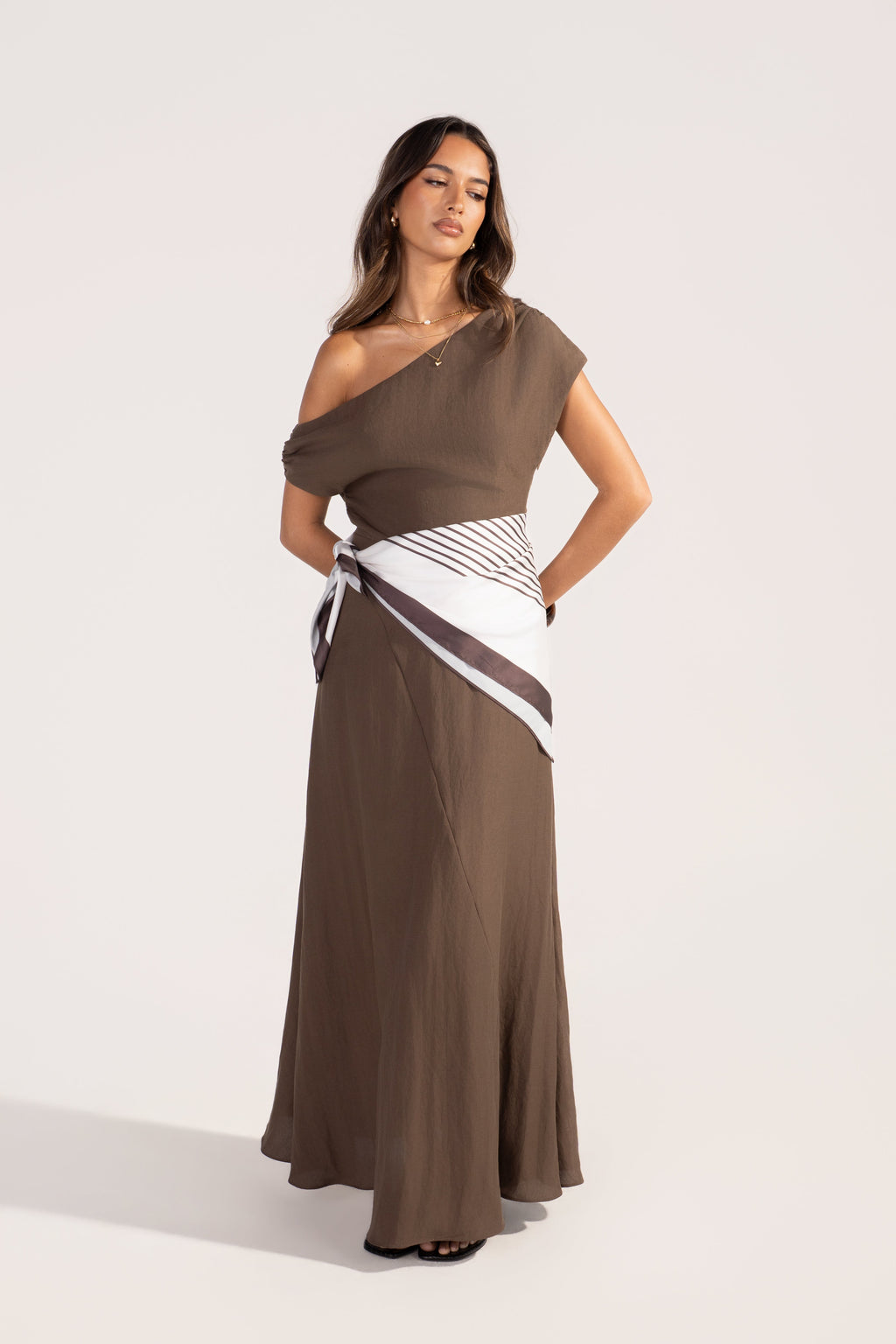 Tonya Chocolate Drop Shoulder Maxi with Waist Scarf