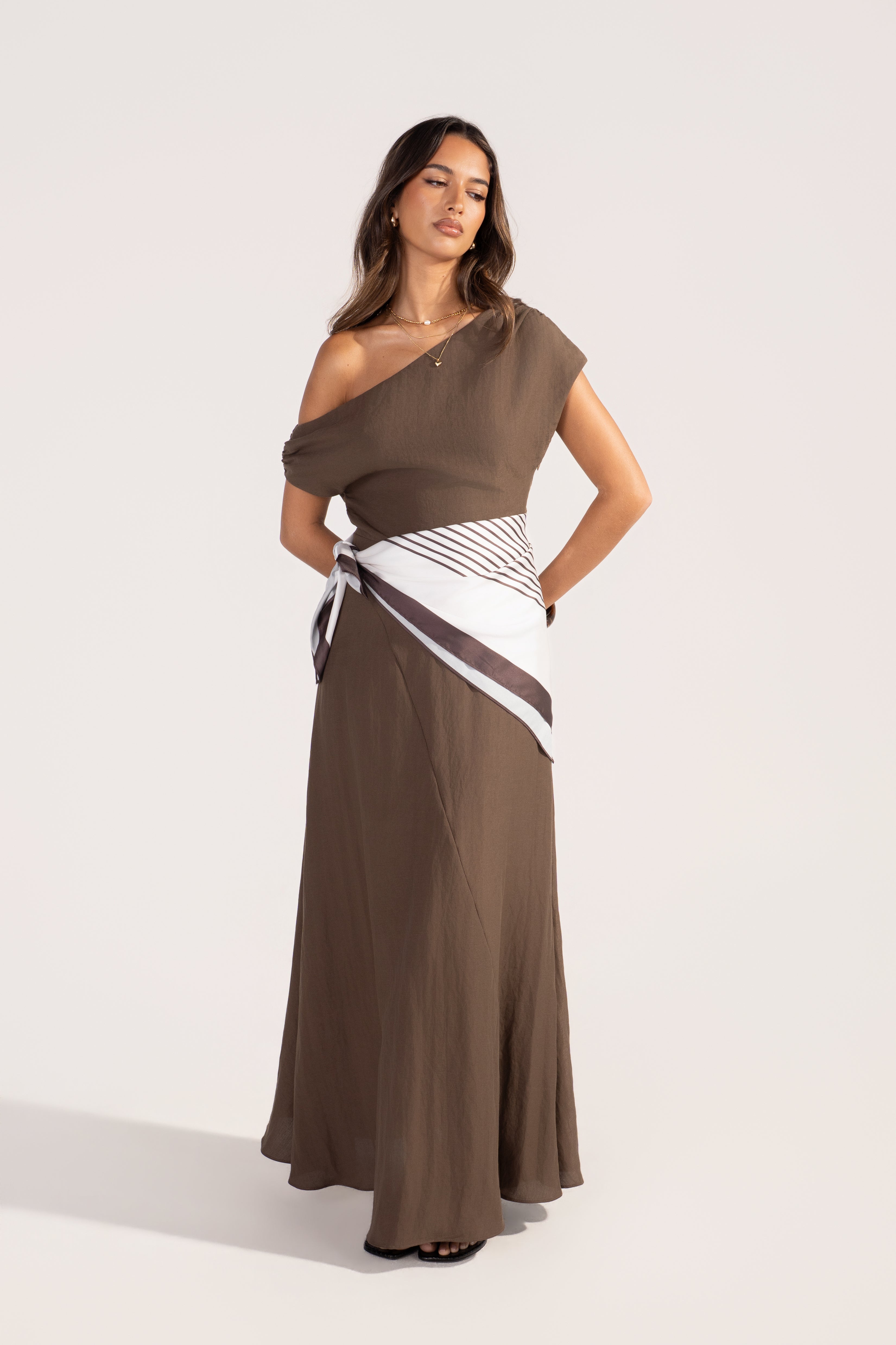 Tonya Chocolate Drop Shoulder Maxi with Waist Scarf
