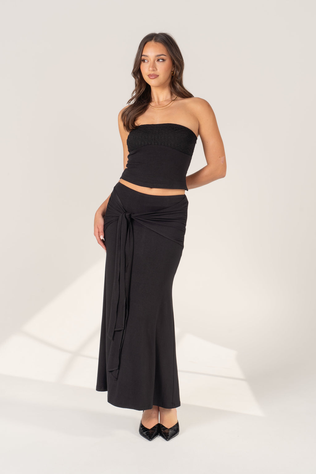 Uma Black Two Piece Set - Strapless Top & Adjustable Tie Maxi Skirt