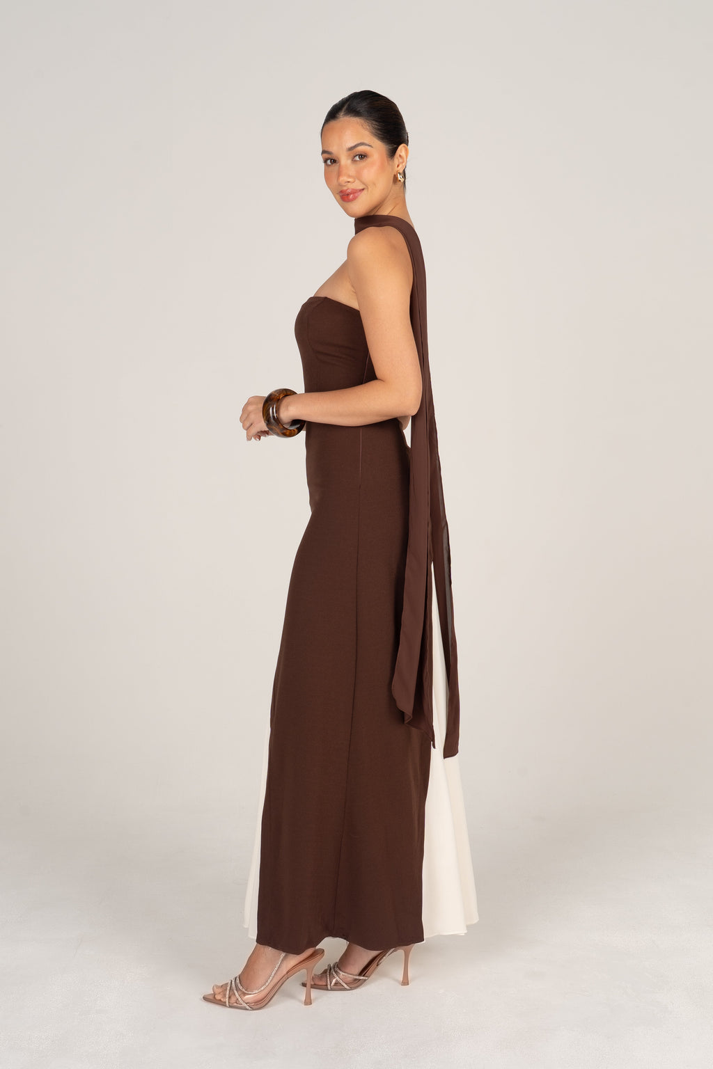Winona Chocolate Contrast Midi Dress with Detachable Neck Piece
