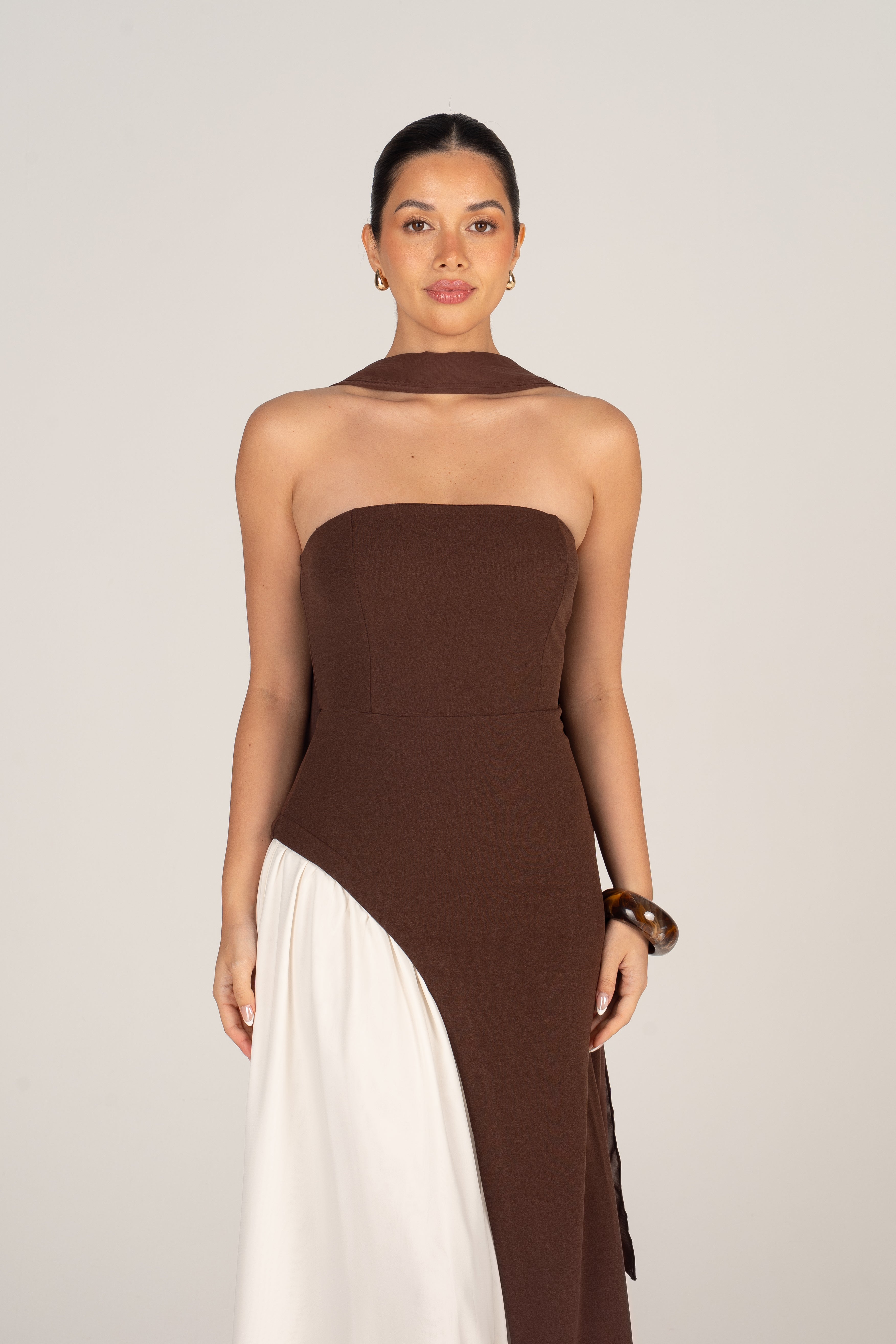 Winona Chocolate Contrast Midi Dress with Detachable Neck Piece