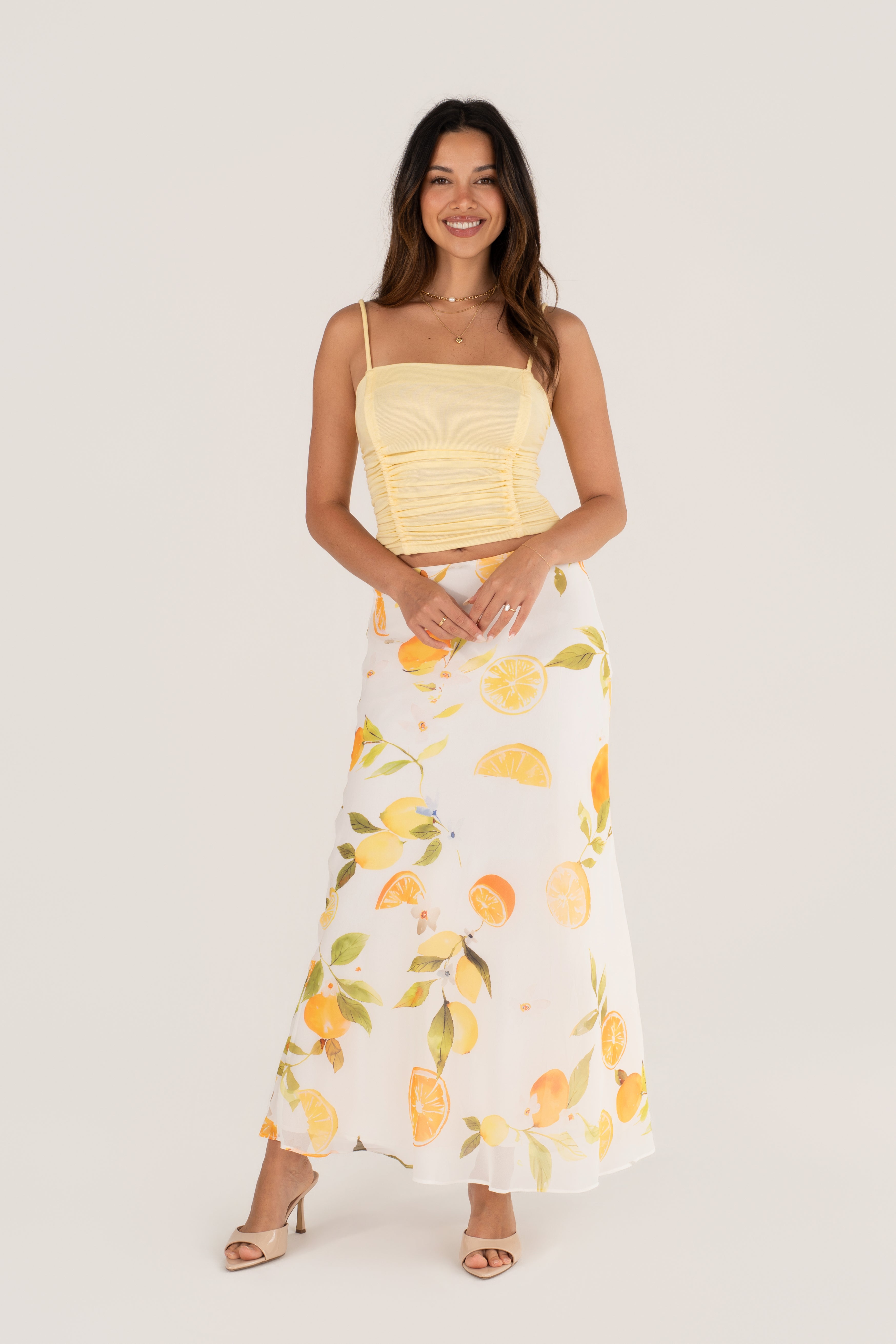 Wren Yellow Ruched Top & Lemon Print Maxi Skirt Set
