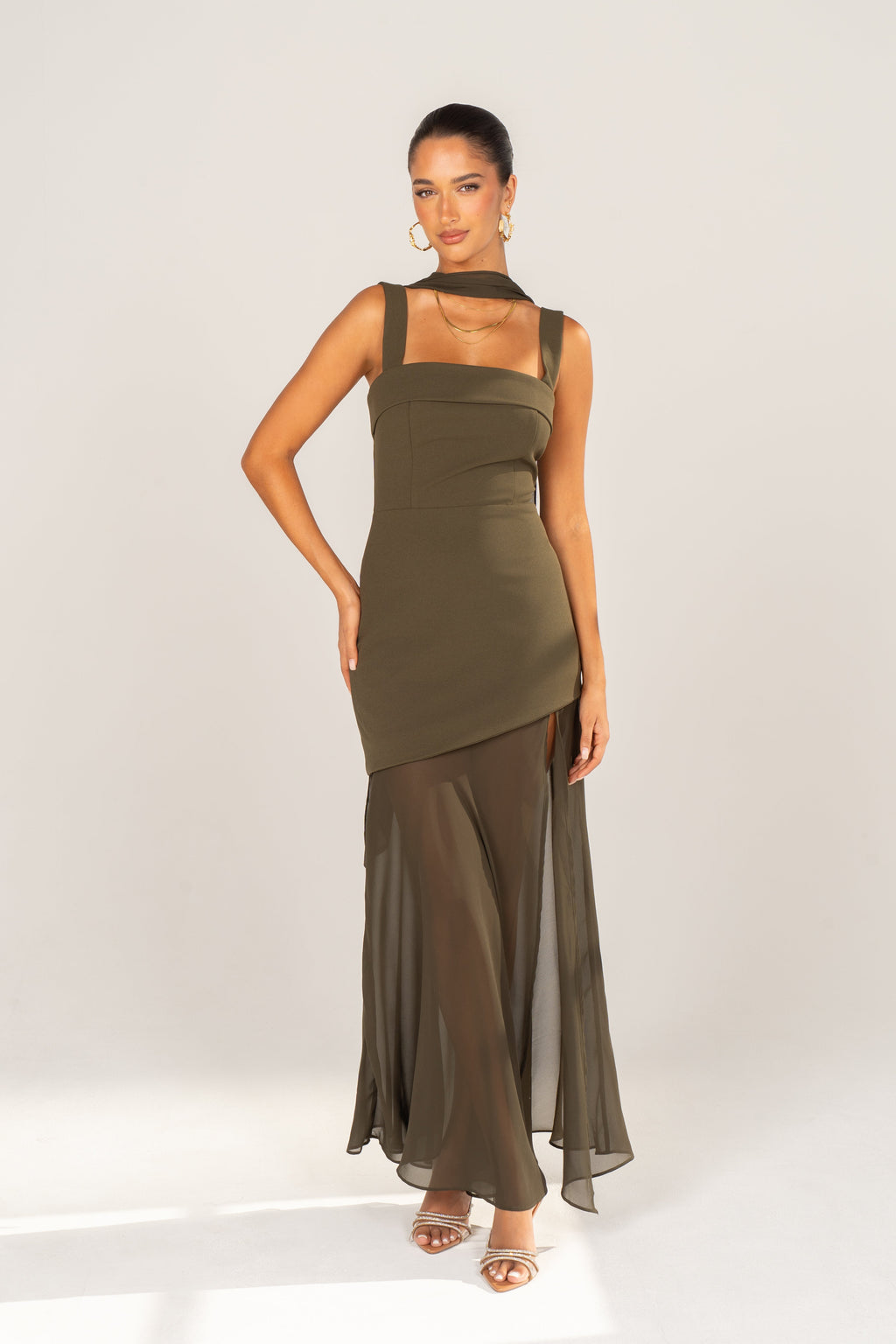 Yelena Olive Asymmetric Midi Dress with Detachable Neck Piece