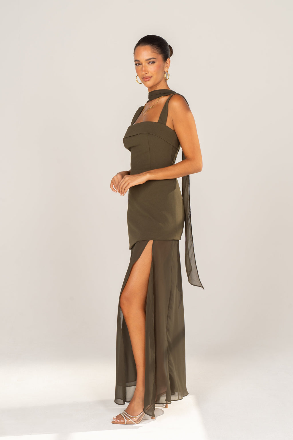 Yelena Olive Asymmetric Midi Dress with Detachable Neck Piece