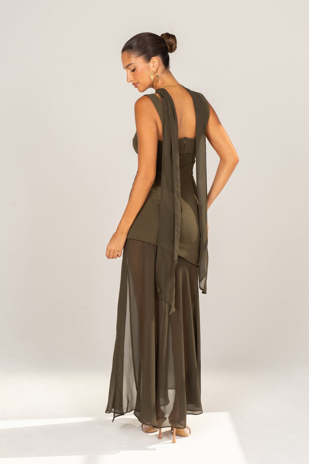 Yelena Olive Asymmetric Midi Dress with Detachable Neck Piece